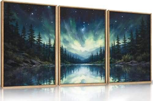 TOARTi Northern Lights Forest Lake Framed Canvas Wall Art Set,Aurora Borealis Mountain Wall Decor,Night Sky Reflective Water Artwork,Wilderness Landscape Prints for Living Room,Office 12x16inchx3