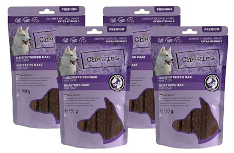 Chewies Köttremsor Maxi hundgodis gjorda av 100% getkött – 4 x 150 g – lufttorkade getter tuggremsor för hundar – sockerfritt och spannmålsfri – torkkött från geten