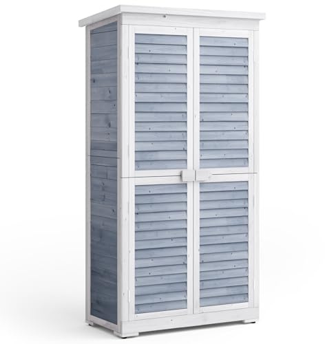 Blishom Armadio da Giardino in Legno 160 cm, Resistente agli Agenti Atmosferici con Tetto Inclinato e Dispositivo Bloccabile, Armadio per Attrezzi Esterno 47x87x160 cm Grigio