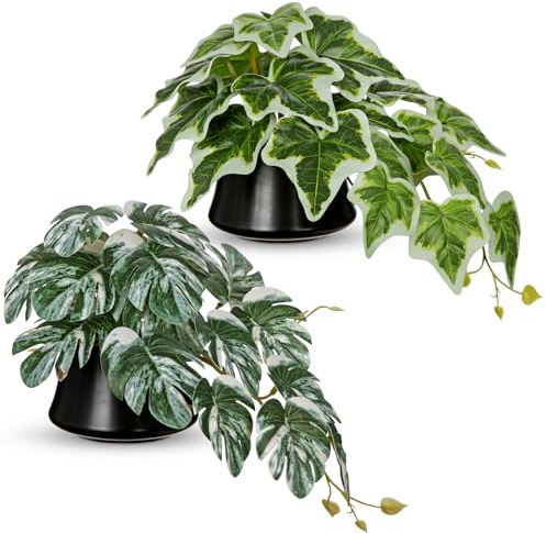 Briful Plantas falsas en maceta de cerámica, juego de 2 plantas artificiales de monstera e hiedra en macetas negras, pequeñas plantas colgantes de imitación para interiores, para oficina, estantes