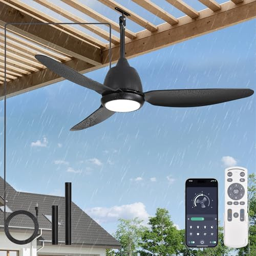 42 In Outdoor Ceiling Fan with Light, Plug-in Ceiling Fans with Waterproof IP65, Smart APP Remote Control, 6-Speed DC Motor, Dimmable 3CCT, Hanging Fans with Cord for Gazebo Patio Porch (Black)