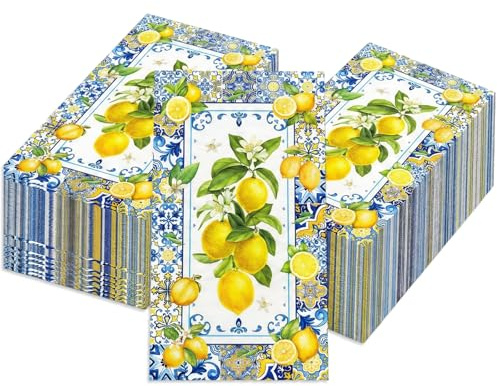 40 Stück Servietten Zitronen Motiv 33x40cm, Zitronen Deko Servietten Gelb Blau, Italienische Tischdeko Hochzeit, Sommer Party Zitrone Deko, Einweg Gasttücher Papier Für Geburtstag