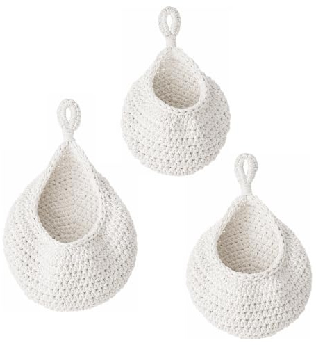 Naapesi 3 Stück Obstkörb Hängend, Handgewebt Baumwolle Wandkörbe Hangend, Hangekorb Kuche fur Obst und Gemuse, Geflochtener Korb zum Aufhangen, Boho Wandkorbe Aufbewahrung (Weiß)