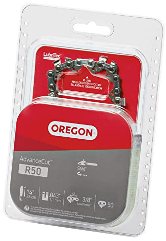 Oregon R50 AdvanceCut - Cadena de motosierra de repuesto para barras guía de 14 pulgadas, 50 eslabones de transmisión, paso: vibración baja de 3/8 pulgadas, calibre de 43 pulgadas, compatible con