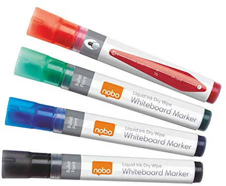 Nobo Marqueurs Effaçables à Sec Liquid Ink pour Tableau Blanc, Pointe Ogive de 3mm, Lot de 4, 1902408, Couleurs Assorties