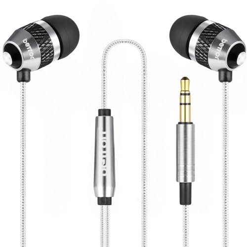 Betron B25 Earphones, Noise Isolating In-Ear Wired Headphones with Strong Bass, Tangle-Free Cord, Lightweight, Carry Case and Soft Earbud Tips, Silver