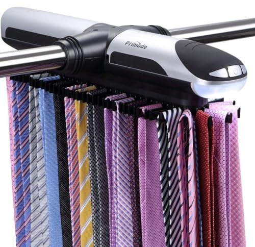 Primode Motorized Tie Rack Closet Organizer with LED Lights Includes J Hooks for Wired Shelving Stores Up to 72 Ties & 8 Belts Operates with Batteries