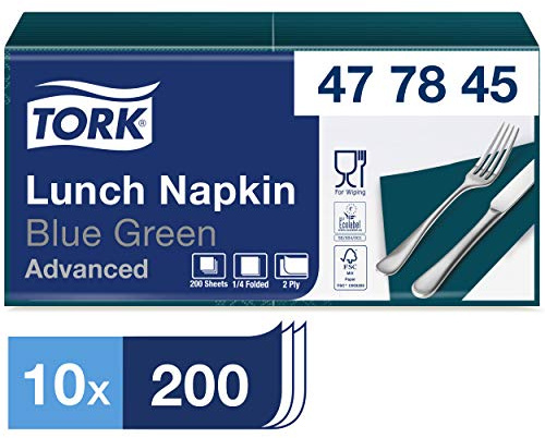 Tork 477845 Lunchservietten Blaugrün / 2-lagige Servietten für kleine Gerichte oder Snacks/Advanced Qualität / 10 x 200 (2000) Papierservietten / 32,6 x 33 cm (B x L) / 1/4-Falz