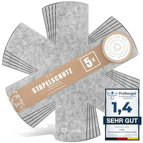 LoFelt® protezioni per padelle e protezioni impilabili per padelle, pentole, ciotole e altro - 5 pezzi in XL Ø 32cm - protezioni per padelle in feltro grigio chiaro - forma a stella