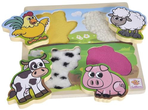 Eichhorn - Fühl-Puzzle mit Stoff - Bauernhoftiere mit Textilelementen, aus Holz, 5 teilig, 20x20 cm groß, für Kinder ab einem Jahr