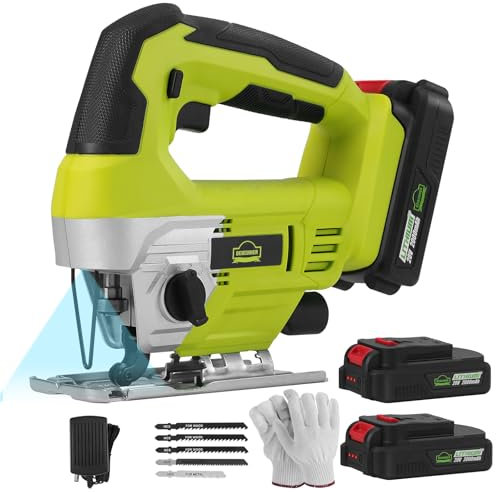 DEWINNER Seghetto Alternativo a Batteria, 2400 RPM, Sega Elettrico con 5 Lame, Batteria 2x 2,0Ah, Taglio a Bisello Fino a -45°/+45°, Pulsante di Blocco, Cambio Lama Senza Attrezzi