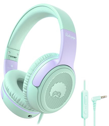 RockPapa Share 1 Cuffie per Bambini, Cuffie con Filo e Microfono per Bambina Ragazzi, 85/94dB Limitatore di Volume, Funzione Condivisione, Cuffie Pieghevoli per Scuola/Telefono/PC, Verde Viola