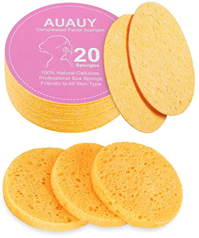 AUAUY Compressed Facial Sponges, 20 Count Cellulose Facial Sponges for Daily Cleansing, 100% Natural Wood Pulp Cotton Face Washing Sponge for Facial Cleansing, Exfoliating Mask, Makeup Removal