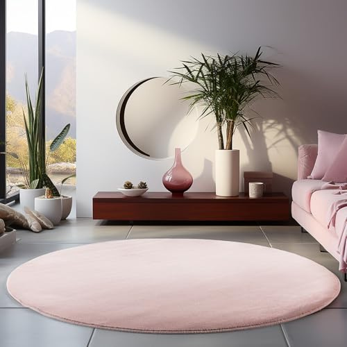 HomebyHome Waschbarer Teppich Rund 160 cm Rosa Einfarbig Kurzflor Modern Weich rutschfest Pflegeleicht Maschinenwaschbar für Wohnzimmer Schlafzimmer Esszimmer