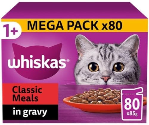 Whiskas 1+ Classic Meals Adult Wet Cat Food Pouches in Gravy 80 × 85g Pouches (Classic Meaty Meal)