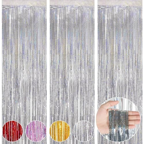 OFFCUP Lametta Vorhang, 3pcs Metallische Glitzervorhang Fringe, Tinsel Folie Vorhang Folienfransen Vorhang, Glitzer Folien Fransen Lametta Vorhänge Folie Hintergrund für Hochzeit (Silber)