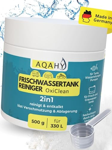 AQAHY Wassertank Reiniger Wohnmobil Oxi Clean - 2in1 Camper Frischwassertank Reiniger & Entkalker – hochwirksam mit Aktivsauerstoff für Wohnwagen Zubehör Tank & Wasserleitung - Made in DE