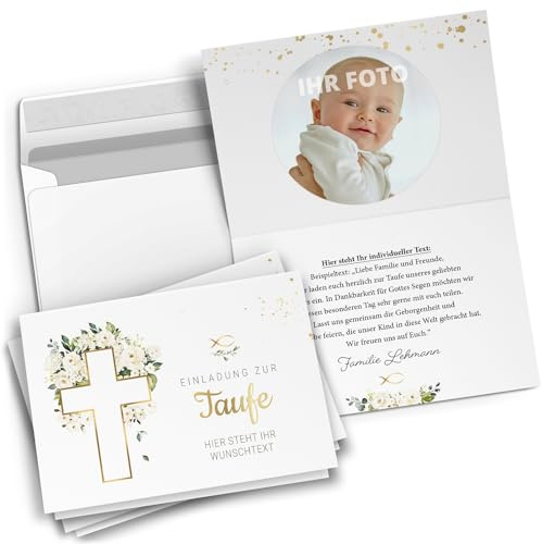 10 personalisierte Taufe Einladungskarten mit eigenem Text & Foto | Tauf-Einladungen mit Umschlag Motiv Kreuz Modern Blumen kirchlich Kirche Gold Look