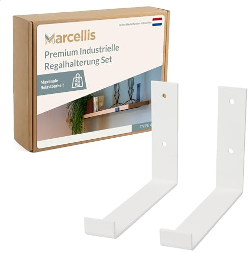 Marcellis Premium Regalhalterung für 20 cm breite Bretter, Matt Weiß, 2x Industrielle Regalhalterungen (40 kg Tragkraft) - Hochwertige Verarbeitung und Montagematerial - 15x4x20,2 cm (HxWxD)