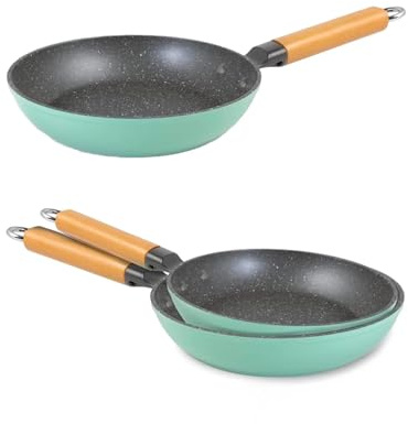 Avilia Set 3 Padelle Antiaderenti con Manici in Legno di Faggio - Padelle in Alluminio Riciclato Riciclabile, Ecosostenibili, Verde e Grigio, 20-24-28 cm
