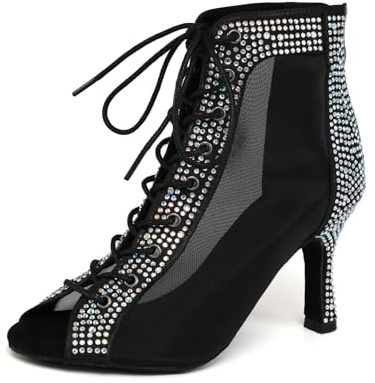 SWDZM Bottines Danse Femme Strass Peep Toe Lacets Talons,Noir,EU 37.5