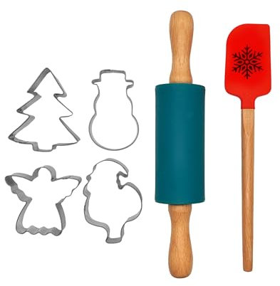 Zenker Christmas Baking Set, 6 Pieces, Silicone Spatula Red with Snowflake Motif, Silicone Rolling Pin Green, 4 x Cookie Cutters Silver, Biscuit Cutter Set for Baking, Non-Stick Non-Scratch Bakeware