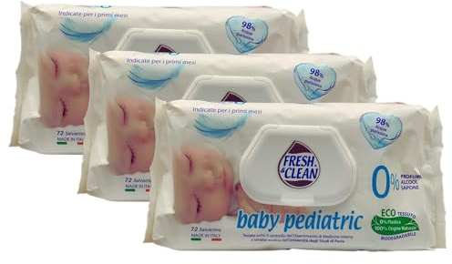 Salviettine Umidificate BABY PEDIATRIC, Indicate Per Pelle Sensibile e Delicata Dei Neonati. Ideali Per Il Cambio Pannolino e Per La Pulizia Del Viso e Mani. Confezione Da 72 Salviette (3 Confezioni)