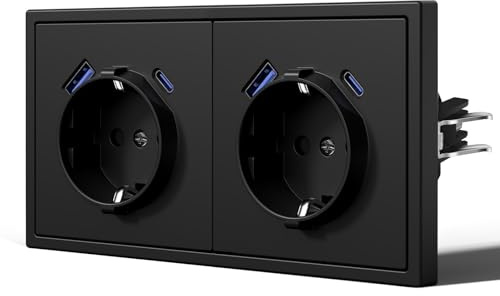 BSEED Steckdose mit USB C, Matt Wandsteckdose Unterputz mit Krallen, Schuko Steckdose, Einfach Montage, C-Serie,2 Fach,150mm Schwarz