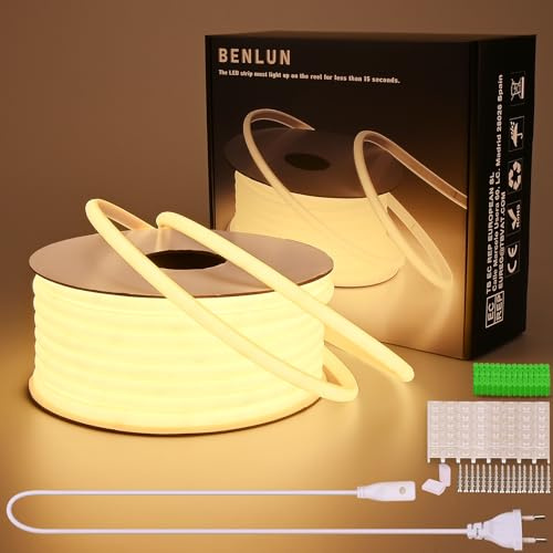 BENLUN AC 230V COB LED Streifen Aussenbereich Wasserdicht 30m | 3000K Warmweiß LED Strip 220V Direktanschluss, Sehr Hell 10W/m CRI 90+ 296LEDs/m für Zimmer Deko Decke Outdoor Terrasse