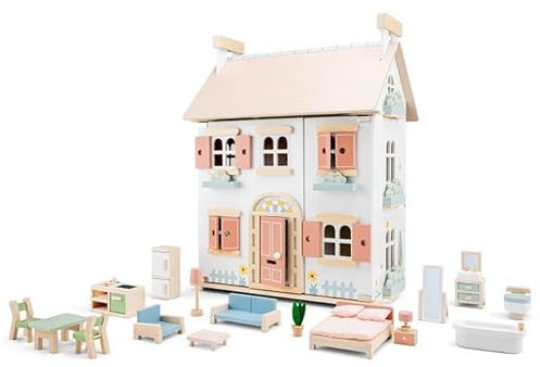 New Classic Toys - Doll House Including Furniture - Wooden Dollhouse with 20 Pieces of Furniture - Fully Furnished Interior, Removable Roof, and Detailed Decor - Perfect for Imaginative Play