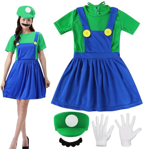 Shengruili 4 stycken dräktsset, Luigi-kostym, Bros, cosplay-kostym, kvinnor, män, pojkar, flickor, outfit för jul, karneval, maskeraddräkt