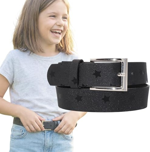 EANAGO Barnbälte Flicka Glitter med Stjärnor – Barnbälte Svart i PU Konstläder – Justerbart Bälte 52–67 cm Bredd 2,5 cm – Modeaccessoar för Jeans Klänning Leggings