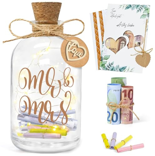 Joellfuner LED Flaschenlicht Hochzeit, Geldgeschenke Hochzeit Verpackungen mit Hochzeitskarte, Hochzeitsgeschenke Geld für Brautpaar, Hochzeit Spardose Personalisiert für Frisch Verliebte (Liebevoll)