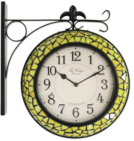 BESTIME 66298 Double Sided Wall Clock with Stained Glass.Dial: 10-Inch,Quiet,Easy Read,Retro Station,Antique Hanging Clocks for Garden,Home Decor,Indoor,Outdoor,Living Room.
