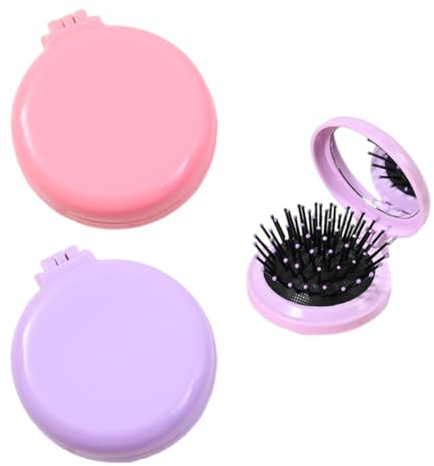2 Paquetes Cepillos Plegables de Pelo de Viaje con Espejo, Mini Cepillo Portátil para El Pelo, Cepillo de Bolsillo Portátil Redondo, para Mujeres Chicas, Morado+Rosa