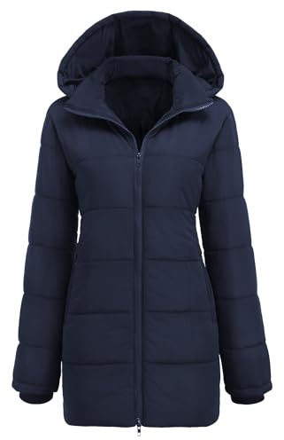 Hotouch - Abrigo de invierno largo para mujer, chaqueta acolchada con capucha, Slim Fit, chaqueta de invierno casual, resistente al viento, S-XXL, azul oscuro, M
