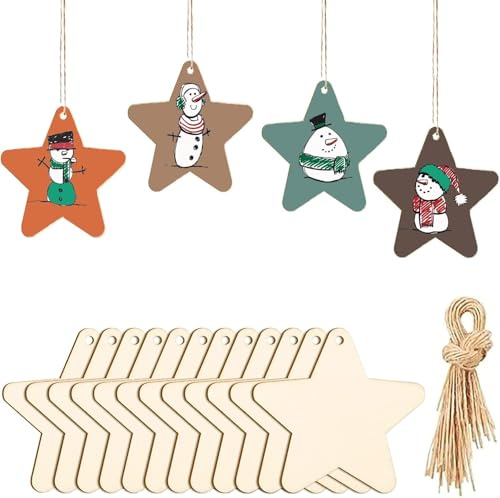 DAHI 50pcs Christbaumschmuck Anhänger 8cm Weihnachtsdeko Stern Holzanhänger mit Schnur DIY Weihnachtsbaum Hängende Ornamente Arbeit Handgemachte für Weihnachten Deko (Stern-Kleine)
