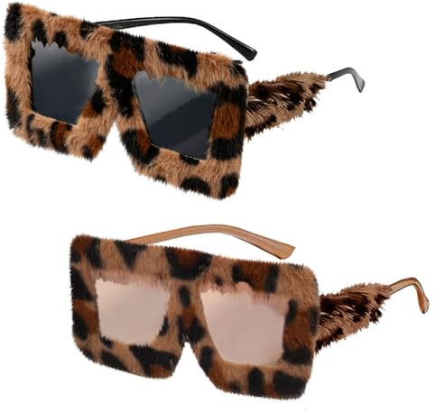 LUKIUP 2 Stück Lustige Plüsch Sonnenbrille, Leopard Übergroße Partybrillen, Leopard Lustige Brille, für Fasching, Strand, Foto Requisiten und Geburtstagsfeier