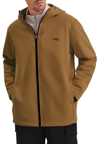 K-Swiss Mens Lightweight Softshell Jacket - Oversized Hooded Zip Up Coat with Front Zipper Pocket for Casual Outdoor Winter, GREEN/BROWN XL