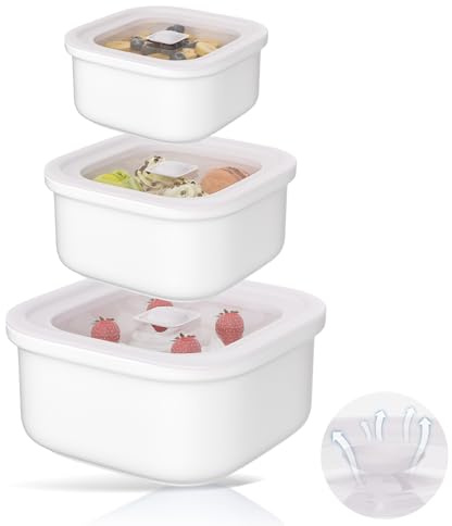 Set di 3 contenitori ermetici per alimenti, contenitori in plastica per alimenti/da asporto, con coperchi ermetici per il vapore, 100% a prova di perdite, senza BPA, sicuri per microonde (Bianco c)