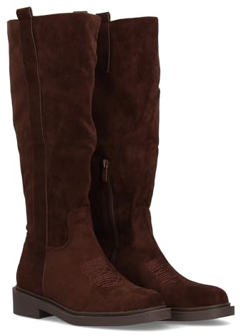 shoes&blues.es 97332 Bota Alta para Mujer Cowboy con Detalle de Bordado Frontal, Paneles Elasticos y Suela Plana. Ideal Temporada Otono Invierno. Marron Talla 38