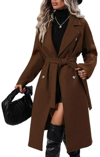 LIUYUYOUGO Manteau Femme Hiver Laine Trench Coat Long Croisé Pour Femme En Laine Mélangée Col Cranté Classique Coupe Cintrée Élégante Ceinture Veste Longue Manteau D'Extérieur Chaud Pour L'A