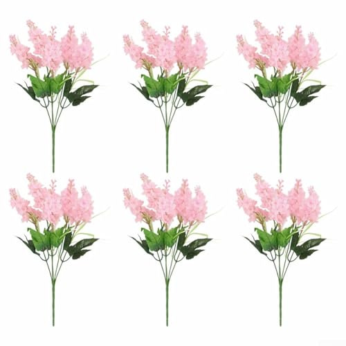 Deko Set mit 6 künstlichen Lavendel und Hyazinthe Blumen für Haus und Garten, Seidenstoff mit realistischen Blumenelementen (Rosa)