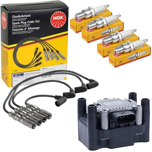 NGK Zündspulen+Kabelsatz+Kerzen | 7044 + 48010 + 3045 passend für 1.6+2.0 A3 T5 Golf IV