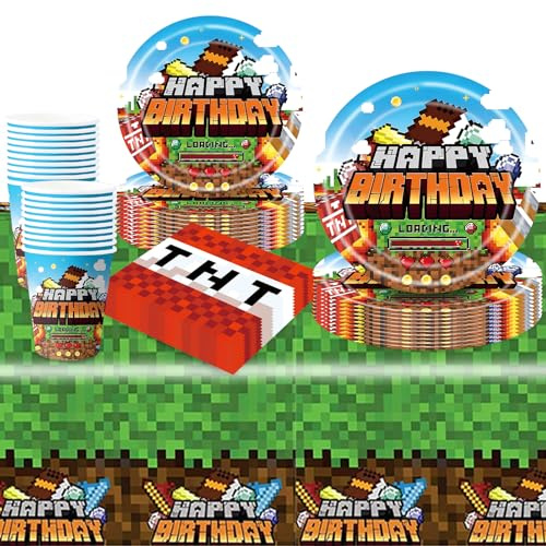 81Pcs Birthday Decorations, Gaming Party Decorations Kids' Party Tableware Set, Game Theme Birthday Party Plates Cups and Napkins Tablecloth 20 Guests