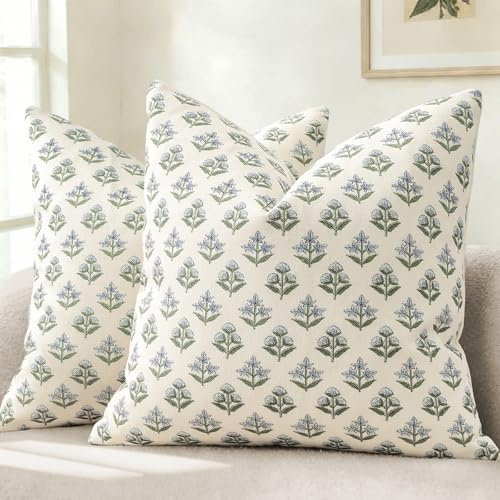 YCOLL Funda de Cojín Diseño Moderno Botánico Vintage 45x45 Set de 2 Fundas de Cojín Flores Cojín de Sofá Cojines Decorativos para Sofá Sillón Silla Cama Decoración del Hogar y Salón Verde Azulado