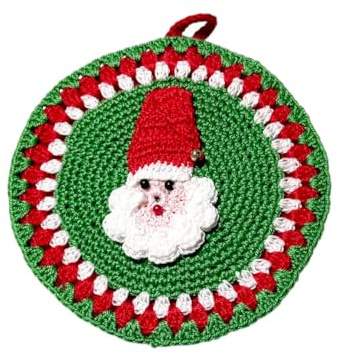 Presina di Natale Verde con Babbo Natale ad Uncinetto 12 cm, in Cotone, Protezione Calore Cucina, Idea Regalo Mamma e Nonna (22NT)