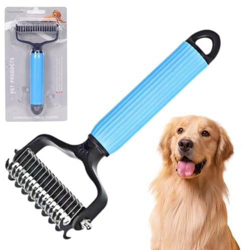 Entwirrungskamm für Haustiere Hundepflegebürste mit doppelseitigen Klingen, Premium Unterfellbürste Entfilzungsstriegel für Hunde & Katzen mit Mittel- bis Langhaar (Blau)