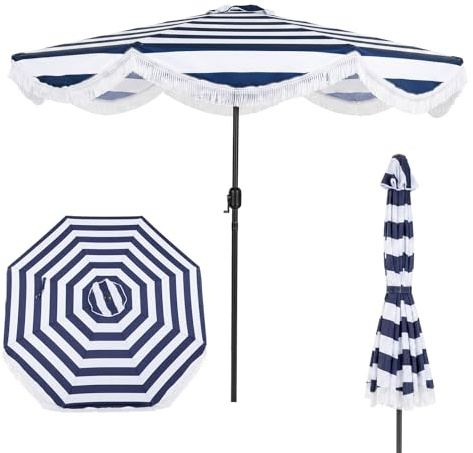 COSTWAY Parasol de Jardin Exterieur sans Pied Ø2,7M, Parasol Plage à Volants avec Franges, 30° Inclinaison, 8 Baleines, Manivelle, Tissu en Polyester, pour Piscine Balcon Terrasse