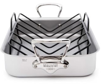 Mauviel M'Cook 5-Ply Polished Stainless Steel Roasting Pan With Rack, And Cast Stainless Steel Handles, 13.7 x 9.8-In, Made In France